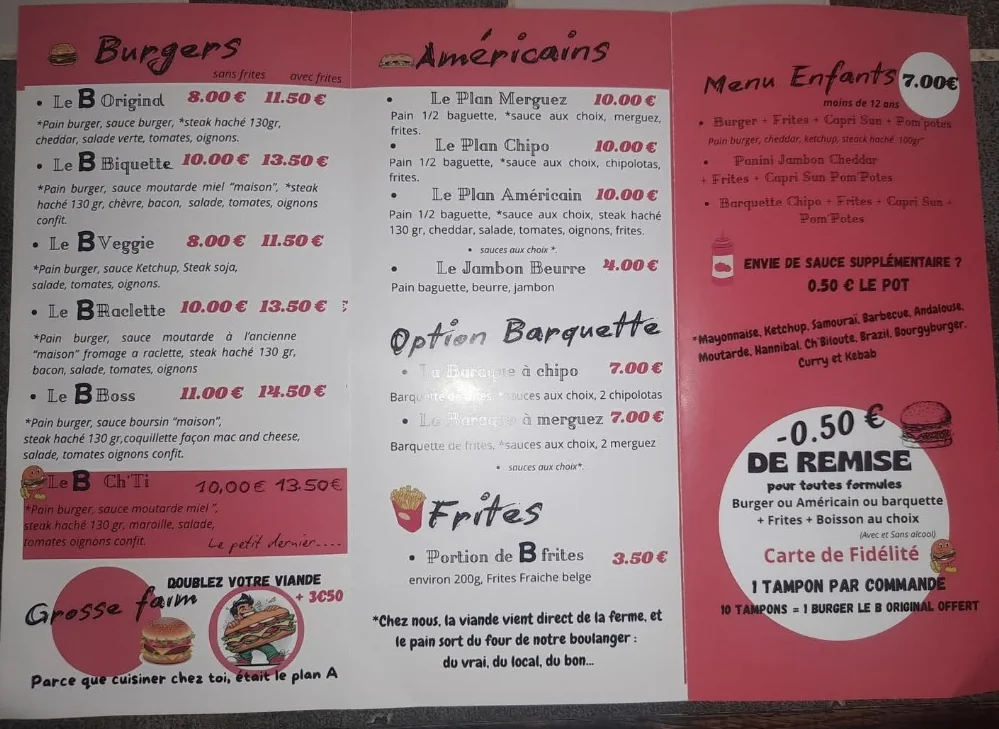 Photographie de la carte des burgers et américains Le Plan B